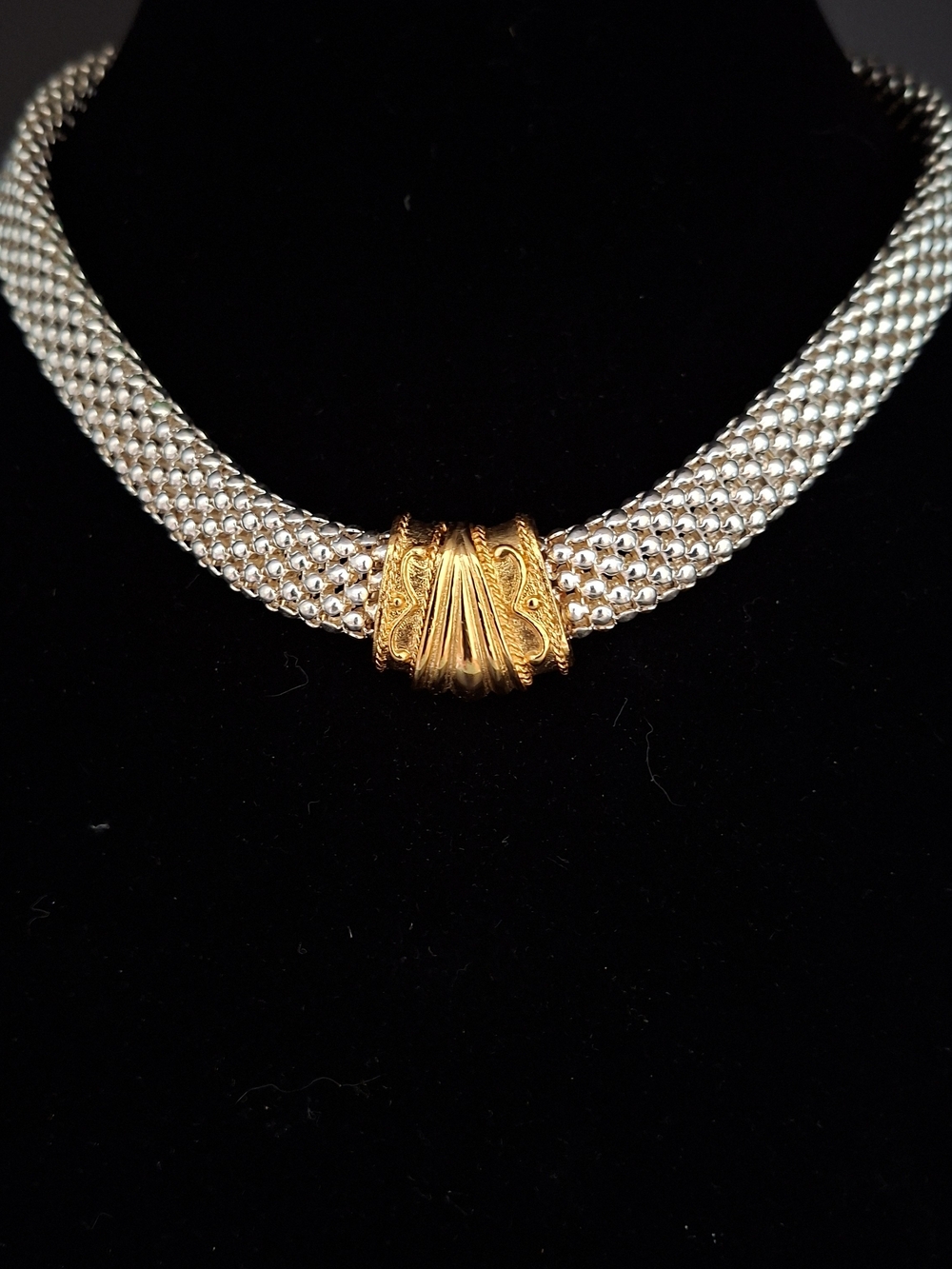 Silver Mesh Necklace with Gold Accent Centerpiece